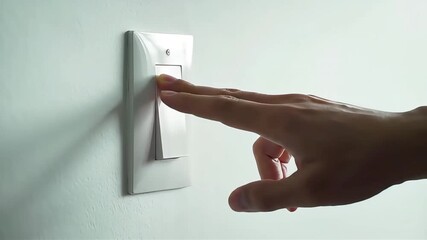 A close-up shot of a human hands finger pressing a white electrical light switch on a wall depicting the action of turning lights on or off illustrating power c - Powered by Adobe