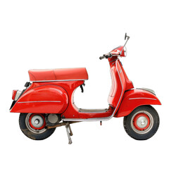 Obraz premium Classic red scooter, slightly weathered, shown in profile against a black background; vintage design with rounded body, small wheels, and a step-through frame