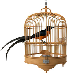 Close up view of a striking black and orange long tailed songbird perched inside a detailed light brown woven wooden birdcage on a transparent background