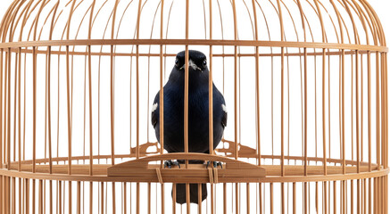 A Small Black And White Bird Is Confined Within The Bars Of A Closely Viewed Light Brown Round Wooden Birdcage Against A Transparent Background Animal Captive