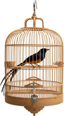 Small exotic songbird with black and orange plumage perched inside a finely crafted round wooden bamboo birdcage with a metal hanging hook Pet Avian Tropical