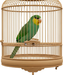 A vibrant green parrot with a yellow face sits perched inside a round light brown traditional bamboo birdcage against a dark background Tropical Pet Animal