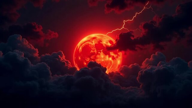 Experience the dramatic energy of a blood moon night with stunning lightning strikes and ominous clouds, perfect for fantasy or supernatural projects