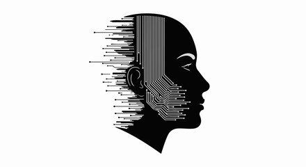 Futuristic digital human profile with data streams flowing from the head, representing artificial intelligence and technology.