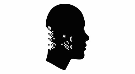 Silhouette of a human head dissolving into digital pixels, representing artificial intelligence and data.