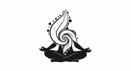 Meditating figure with swirling leaf and abstract patterns symbolizing inner peace and growth.