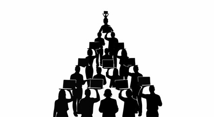 Diverse group of people forming a human pyramid, each holding a laptop, symbolizing teamwork and technology integration.