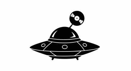 Retro alien spaceship with vinyl record antenna, a playful blend of science fiction and music nostalgia.