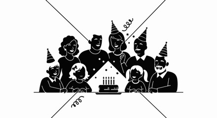 Joyful multi-generational family celebrating a birthday with cake and party hats