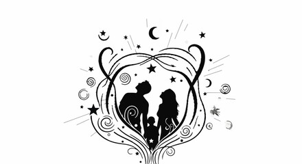 Silhouettes of a family gazing upwards at a starry, celestial dreamscape within a heart-shaped frame.