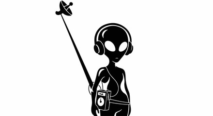 Stylized alien with headphones and camera explores the universe