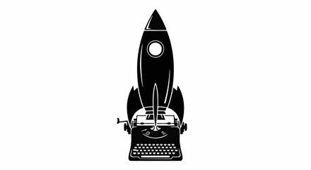 Retro typewriter launches like a rocket, symbolizing creativity and innovation