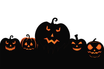 Halloween pumpkin seamless banner. Spooky squash lanterns silhouettes, scary jack-o-lanterns halloween flat vector background illustration. Halloween holiday  poster , Background of halloween pumpkins