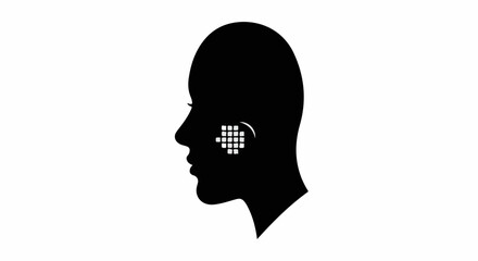 Silhouette of a woman's head with a pixelated ear graphic, representing hearing technology or sound perception.