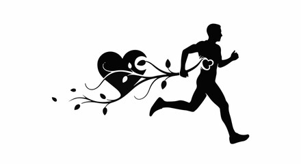Silhouette of a runner with a heart and vine trailing behind, symbolizing healthy living and vitality.