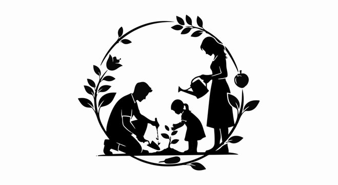 Family planting a tree together, symbolizing growth, care, and environmental connection.