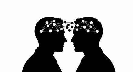 Silhouettes of two heads connecting through a network of ideas and thoughts