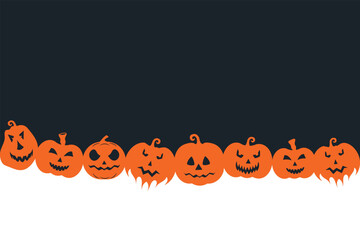 Halloween pumpkin seamless banner. Spooky squash lanterns silhouettes, scary jack-o-lanterns halloween flat vector background illustration. Halloween holiday  poster , Background of halloween pumpkins
