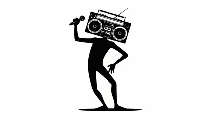 Dynamic silhouette of a person with a boombox for a head, singing energetically into a microphone.