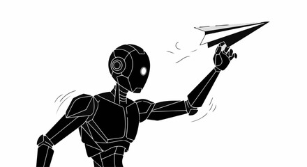 Futuristic robot playfully launches a paper airplane, symbolizing innovation and imagination