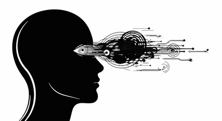 Futuristic digital eye emerges from silhouette head, symbolizing data flow and artificial intelligence.