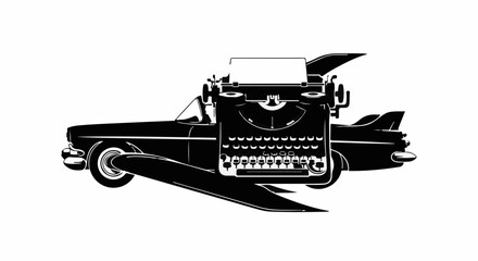 Retro typewriter merges with a vintage car, symbolizing creative journeys and artistic expression.