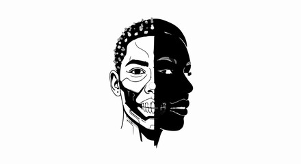 Man's face split between life and death, revealing skeletal structure beneath skin.