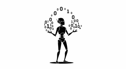 Robot manipulates digital data streams, symbolizing artificial intelligence and information flow.
