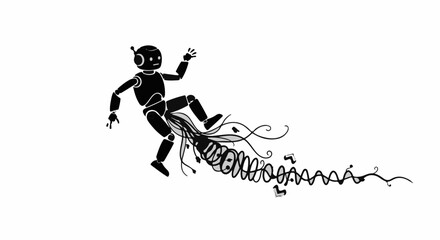 Playful robot with a whimsical, winding mechanical tail on a white background