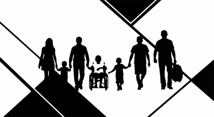 Diverse family walking together, including a child in a wheelchair, symbolizing unity and inclusion.