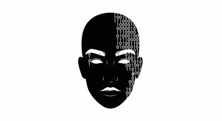 Futuristic human face merging with digital binary code, representing artificial intelligence and technology.