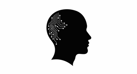 Digital brain circuit integrated into human silhouette, representing artificial intelligence and futuristic technology.