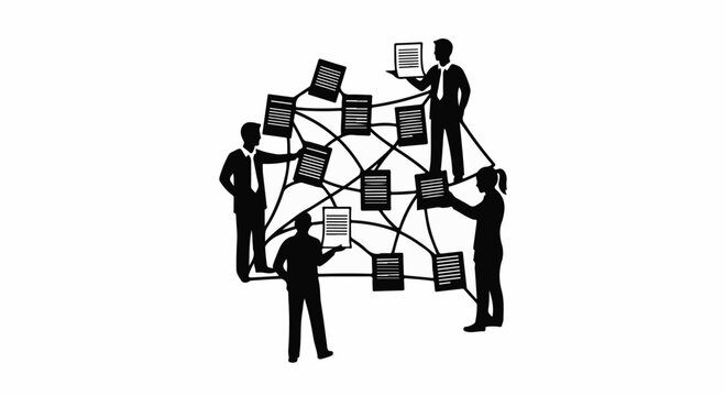 Diverse team collaborating and connecting digitally, sharing information in a network