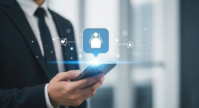Man in suit using smartphone with social media icon