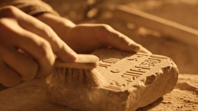 Ancient Clay Tablet Being Cleaned Revealing Cuneiform Script.