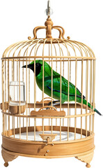 Vibrant green bird with black markings perched inside a finely crafted traditional light brown bamboo cage with a small water dispenser attached avian