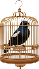 Small glossy black songbird with a white wing patch perched inside a traditional round bamboo birdcage hanging by a metal hook pet Oriental MagpieRobin