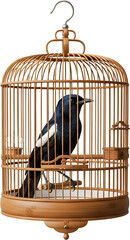 Small black and white songbird perched inside a traditional round bamboo birdcage with a metal hanging hook Pet Animal Exotic Captivity Tropical Avian