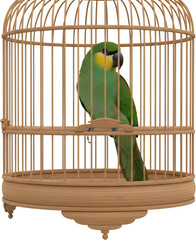 A Vibrant Green Parrot With A Yellow Face Marking Sits Quietly Inside A Traditional Round Wooden Birdcage With Vertical Bars Against A Transparent Background