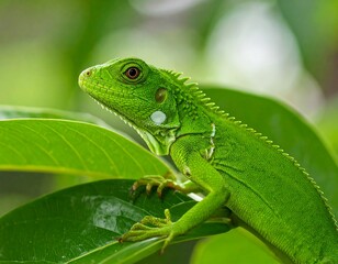 Fototapeta premium Close-up of a vibrant green iguana on lush foliage