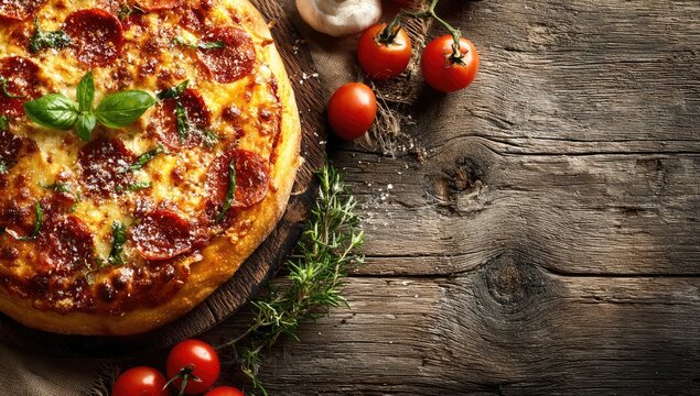 Rustic pepperoni pizza on wood, garnished with basil, surrounded by cherry tomatoes, garlic, rosemary, and sea salt