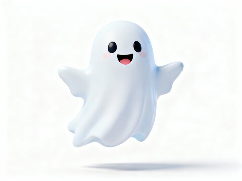 A cute and friendly 3d rendered ghost character with black eyes, pink cheeks, and an open mouth, floating happily on a clean white background. This playful spirit embodies fun