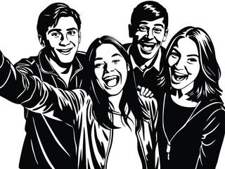 Vector art of group of friends taking selfie in silhouette