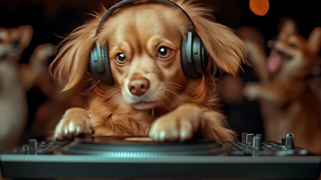 Cute Dog in Headphones Mixes Music at a Lively Party With Friends Around