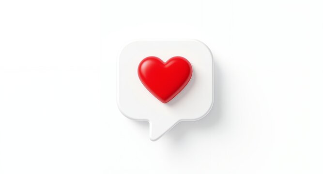A 3D rendered red heart symbol within a white notification speech bubble, symbolizing social media engagement and positive feedback