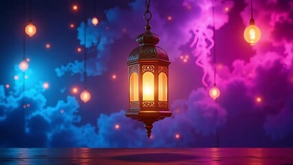 Mystical Ramadan lantern glowing with warm light against a dreamy, vibrant sky filled with bokeh lights and ethereal clouds, inviting contemplation and celebration.