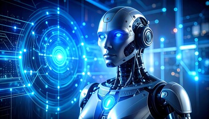 Futuristic robot in a digital interface