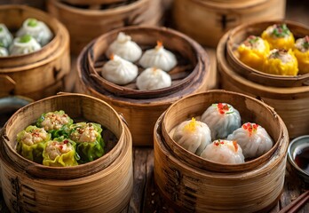 A selection of colorful dim sum, including Shumai and dumplings, are served steaming hot in bamboo baskets. This traditional Chinese cuisine is delicious, appetizing, and diverse.