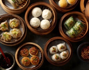 A delicious overhead view of assorted Chinese dim sum, including dumplings, buns, and savory pastries, served hot in bamboo steamer baskets.