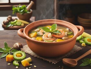 Steaming hot Thai spicy soup or Gaeng Lieng, features prawns and mixed vegetables in an aromatic broth. Served in a traditional clay pot on a rustic wooden table.